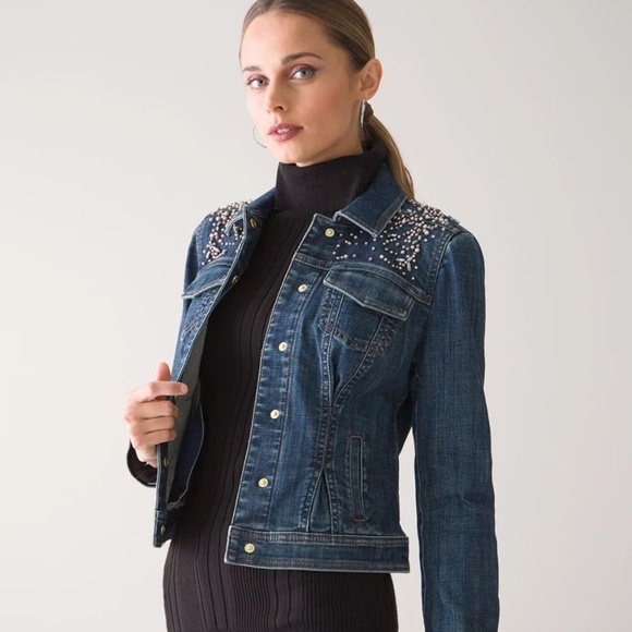 White House Black Market Hillary Pearl Embellished Denim Trucker Jacket Size XS - Picture 1 of 10